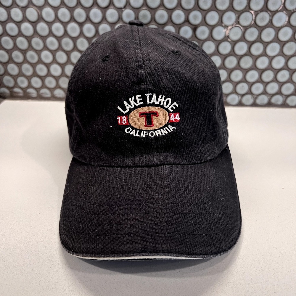 Vintage Lake Tahoe‎ Corduroy Strap Back Cap Hat Black Embroidered ADG American